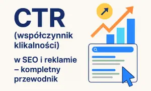 Grafika ilustruje CTR (współczynnik klikalności) w SEO i reklamie. Widoczne są proste, płaskie **techniki graficzne**: tekst, ikony, wykresy słupkowe i liniowe, symbolizujące wzrost.