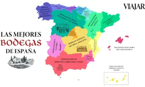 Mapa de las mejores bodegas de España, destacando regiones vinícolas y nombres como Bodegas Vega Sicilia y González Byass.