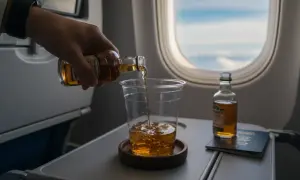 Na pokładzie samolotu można pić alkohol. Widać tu nalewanie whisky z małej buteleczki do szklanki, obok paszport i widok z okna.