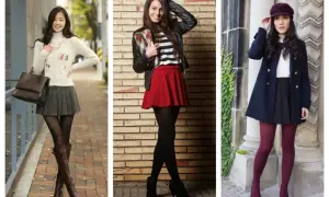 Trzy kobiety w modnych stylizacjach z mini spódniczkami. Jedna w beżowym swetrze i kratkowanej spódniczce, druga w skórzanej kurtce i czerwonej spódniczce, trzecia w granatowym płaszczu i czarnej spódniczce.
