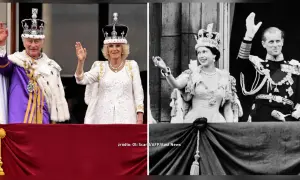 Król Karol III i królowa Camilla w koronach, obok czarno-białe zdjęcie królowej Elżbiety II i księcia Filipa.