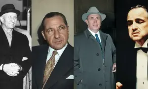 Czterech mężczyzn w eleganckich garniturach i kapeluszach. Marlon Brando jako ojciec chrzestny gra swoją rolę.