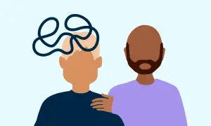 En person med trassliga tankar, symboliserande ingen livslust, får stöd av en vän som lägger en hand på axeln.