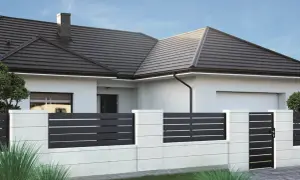 Nowoczesne płoty betonowe w kolorach białym i grafitowym otaczają dom z brązowym dachem.