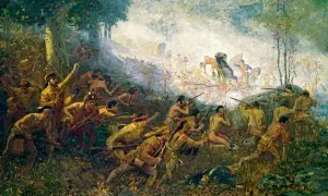 Strider i skogen, ursprungsbefolkning och nybyggare i strid, en scen från den amerikanska revolutionen.