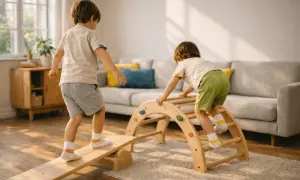 Niños jugando en un gimnasio de interior, desarrollando su motricidad gruesa al trepar y equilibrarse.