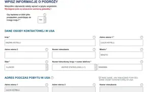 Formularz do wypełnienia w celu uzyskania wizy do USA. Dane kontaktowe i adres pobytu w Stanach Zjednoczonych.