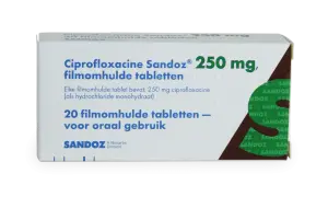Opakowanie leku Ciprofloxacine Sandoz 250 mg, zawierające 20 tabletek powlekanych do stosowania doustnego.