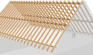 Dachstuhl aufbau: detaillierte Darstellung der Sparren und Latten eines Holz-Dachstuhls. Eine Person steht im Hintergrund zur Größenvergleich.