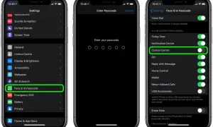 Trzy ekrany iPhone'a pokazujące ustawienia Face ID i Passcode, z podświetlonym Centrum sterowania.