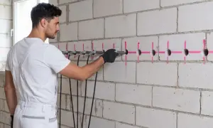 Mann führt Injektionslanzen für Horizontalsperre in gebohrte Löcher einer Betonwand ein.