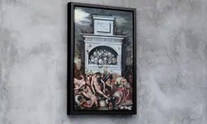 Gemälde mit Totenköpfen und Menschen, die die Vergänglichkeit des Lebens darstellen. Die Vanitas-Bedeutung ist klar: alles ist eitel.