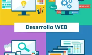 Ilustración de desarrollo web con iconos de programación, diseño de páginas web y herramientas de codificación.