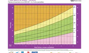 Gráfico de percentil peso niñas de 5 a 10 años. Muestra peso en kg vs edad en años y meses. Las curvas indican percentiles p3, p15, p50, p85, p97.