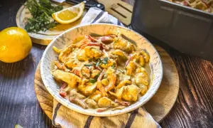Cremiges Hähnchengeschnetzeltes mit Paprika in einer Schüssel, garniert mit Kräutern. Ein leckeres geschnetzeltes Rezept für jeden Tag.