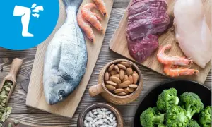 Zdrowe produkty spożywcze: ryba, mięso, krewetki, migdały, fasola, brokuły. Kluczowe dla diety przy reumatoidalnym zapaleniu stawów.