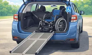Allestimento auto per assicurazione: una carrozzina è assicurata nel bagagliaio di un'auto blu, con una rampa estesa per facilitare l'accesso.