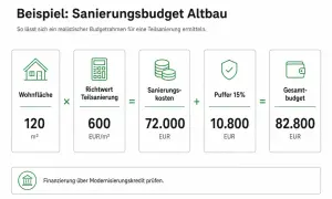 Beispielrechnung: 120 m² Wohnfläche x 600 EUR/m² = 72.000 EUR Sanierungskosten + 15% Puffer (10.800 EUR) = 82.800 EUR Gesamtbudget für altes Haus sanieren Kosten.
