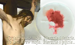 Obraz przedstawia ukrzyżowanego Jezusa i opłatek z krwią, symbolizujące najświętszy sakrament.