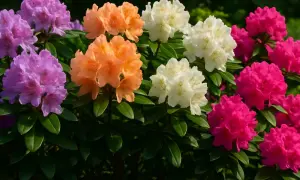 Kwitnące rododendrony odmiany: fioletowe, pomarańczowe, białe i różowe tworzą barwną kompozycję w ogrodzie.