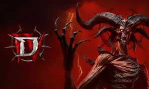 Diablo 4 dodatek: przerażający demon z rogami i płonącymi oczami, logo gry na tle burzy.