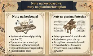 Nuty na keyboard vs. pianino. Po lewej keyboard z akordami, po prawej pianino z pełnym zapisem nut.