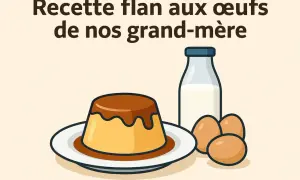 Recette flan aux œufs de nos grand-mère : un flan onctueux sur une assiette, à côté d'une bouteille de lait et d'œufs.