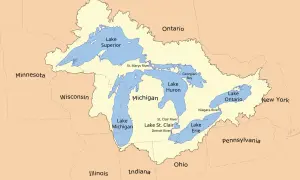 Mapa Wielkich Jezior i otaczających stanów USA. Widać jeziora: Górne, Michigan, Huron, Erie, Ontario.