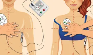 Ilustracja pokazuje, jak działa defibrylator: elektrody przyklejane są do klatki piersiowej, a urządzenie analizuje rytm serca.