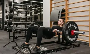 Kobieta wykonuje ćwiczenie hip thrust z obciążeniem na siłowni.