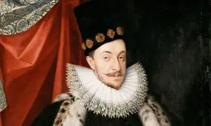 Porträtt av Sigismund Vasa i en svart hatt med utsmyckning, vit krås och pälsbeklädd mantel.