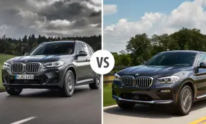 Porównanie BMW X4 z X3, uwzględniające BMW X4 wymiary. Dwa SUV-y na drodze.