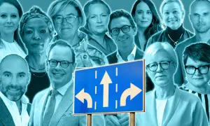 Ansikten i blå toner, en vägskylt med pilar som visar olika riktningar. En visuell representation av valet inom digital vård.
