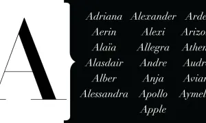 Une grande lettre A stylisée à gauche, et à droite, une liste de prénoms en A : Adriana, Alexander, Arden, Aerin, Alexi, Arizona, Alaïa, Allegra, Athena, Alasdair, Andre, Audrey, Alber, Anja, Aviana, Alessandra, Apollo, Aymeline, Apple.
