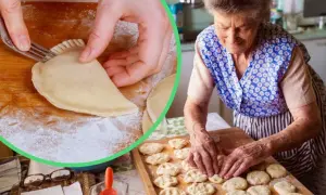 Babcia pokazuje lepienie pierogów na 11 sposobów. Dłonie formują ciasto, a na desce leżą gotowe pierożki.