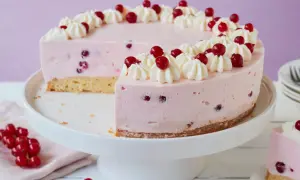 Eine köstliche Johannisbeertorte mit Joghurt, verziert mit Sahnetuffs und frischen roten Johannisbeeren.