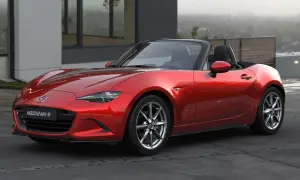 Czerwone Mazda MX-5, jedne z najbardziej pożądanych aut sportowych, lśni na tle nowoczesnej architektury.
