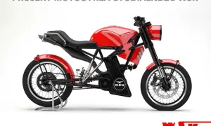 Nowa wsk w czerwonym kolorze, projekt motocykla studialnego. Klasyczny design z nowoczesnymi elementami.