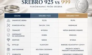 Porównanie srebra 925 i 999: właściwości, zawartość, trwałość i zastosowanie. Srebro 999 jest czystsze, ale mniej trwałe.