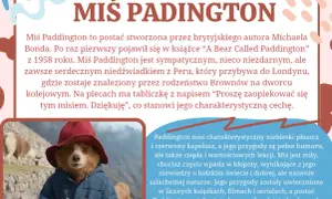 Miś Paddington w czerwonym kapeluszu i niebieskim płaszczu, z tabliczką na szyi.