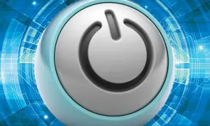 Przycisk zasilania na tle cyfrowej sieci. Symbolizuje automatyczne wyłączanie komputera i oszczędzanie energii.