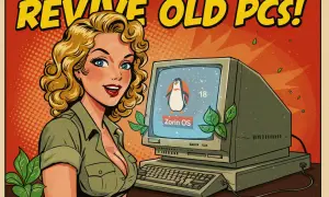 Retro pin-up dziewczyna obok starego komputera z Zorin OS. Napis "Revive Old PCs!" sugeruje, że Zorin Lite ożywi Twój stary sprzęt.