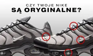Szare buty Nike z czerwonymi kółkami wskazującymi detale. Czy w 50 style są oryginalne buty?