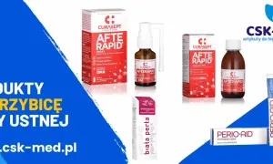 Produkty na grzybicę jamy ustnej bez recepty: spray, płyn i pasta Curasept After Rapid, Perio-Aid oraz wybielająca pasta Biała Perła.