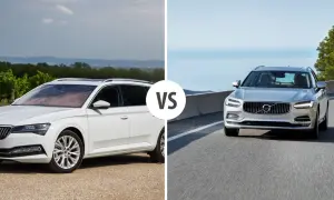 Porównanie białego kombi z winnicami i srebrnego Volvo V90 na drodze. Sprawdź wymiary Volvo V90.