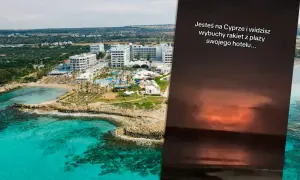 Widok na kurort na Cyprze z hotelami i plażą. Na pierwszym planie tekst: "Jesteś na Cyprze i widzisz wybuchy rakiet z plaży swojego hotelu...". Czy Cypr jest bezpieczny?