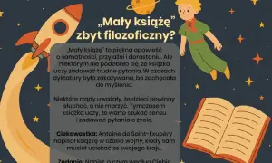 Ilustracja z Małym Księciem, rakietą i książką. Tekst omawia tę przypowieść i jej filozoficzne przesłanie.