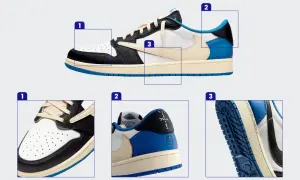 Buty Jordan 1 Low Travis Scott. Czy Jordan to Nike? Tak, Jordan Brand to część Nike, co widać na metce.