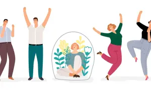 Vrolijke mensen vieren feest, het tegenovergestelde van introvert. Eén persoon zit in een glazen bol, omringd door planten.