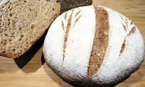 Pane rustico con farina 00, crosta dorata e mollica alveolata, pronto per essere gustato.